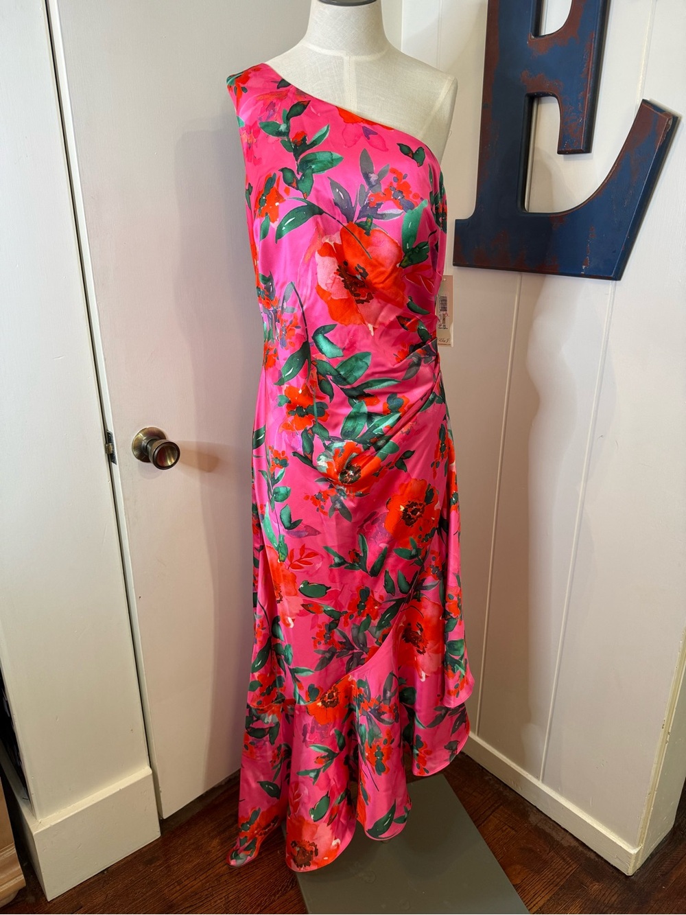 Eliza J One-Shoulder Hot Pink Floral Maxi Dress Sz 12 NWT